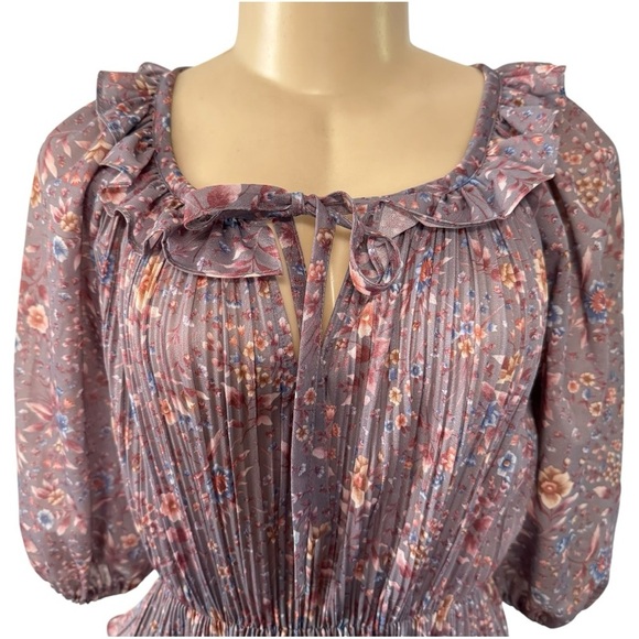 Vintage 70s Gray Floral Keyhole Ruffled Pleated Peplum Chiffon‎ USA Union Made - Picture 2 of 16